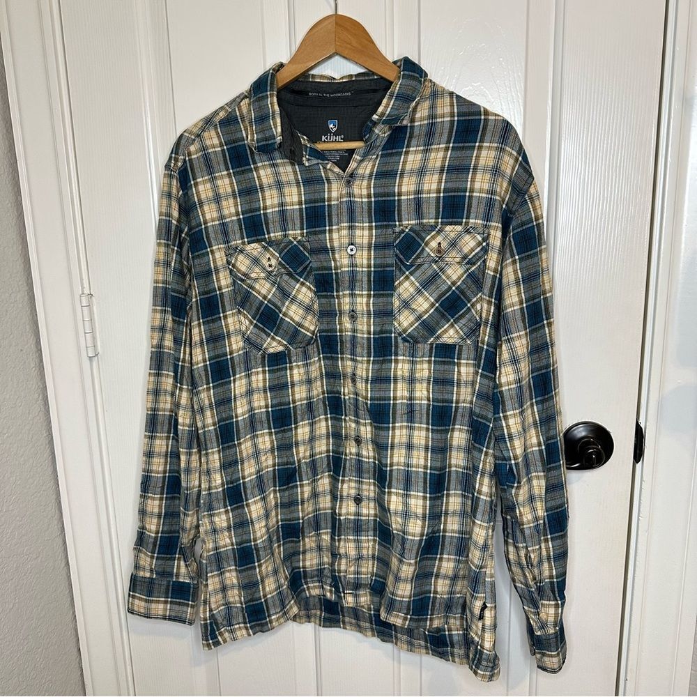 KUHL Creme Turquoise Blue Plaid Button Up Flannel Shirt L Preppy Hiking Winter
